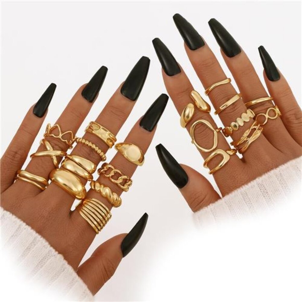 Golden Rings for Women, Chunky Rings Set, Stackable Finger Ring Pack - Picture 2 of 7